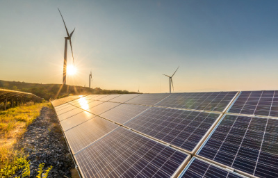 Solar energy and wind power stations. Credit: iStock.com