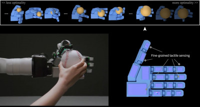 Robot hand equipped with distributed tactile sensors grasping a ball. Tactile information is displayed on the digital twin of the robot hand.